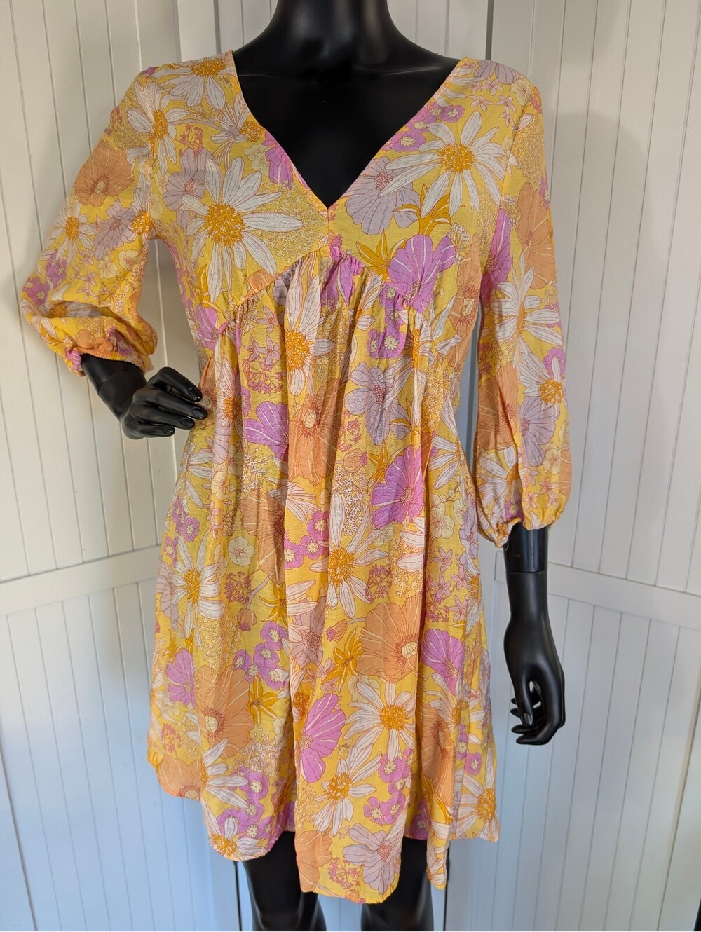H&M Yellow Floral V Neck Mini Dress Puff Sleeve Boho Cottagecore Women's S